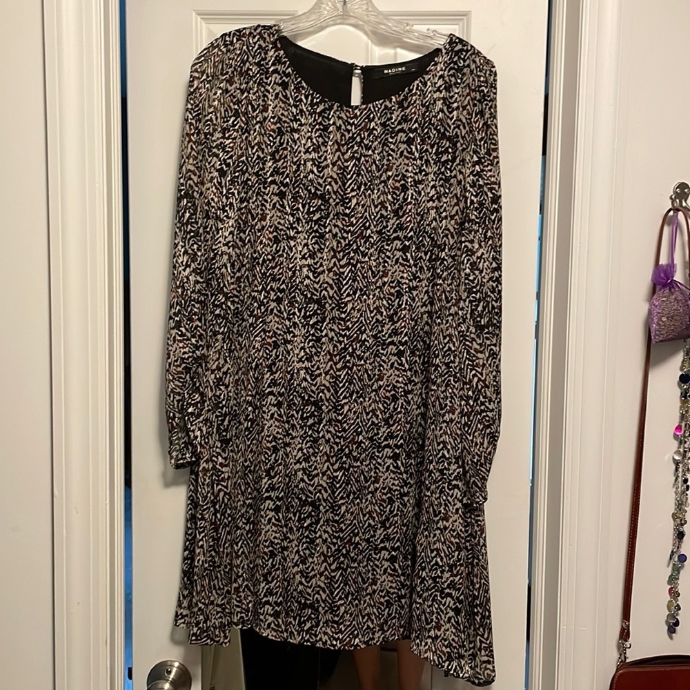 Nadine Milano 2 layer shift dress, inner layer is black, multi-colored outer